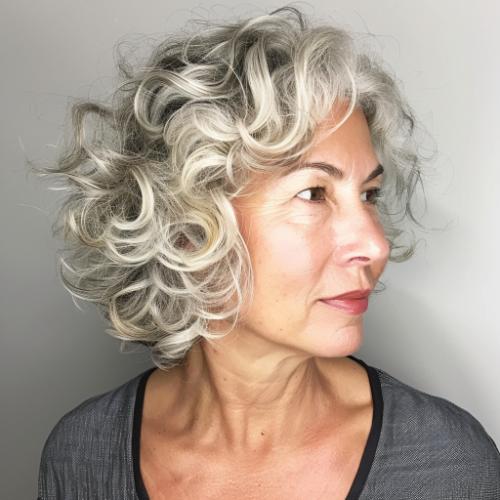 Curly Hairstyle with Side Sweep for Women over 60