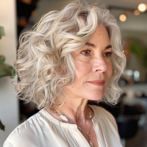 Asymmetrical Curly Hairstyle for Women over 60