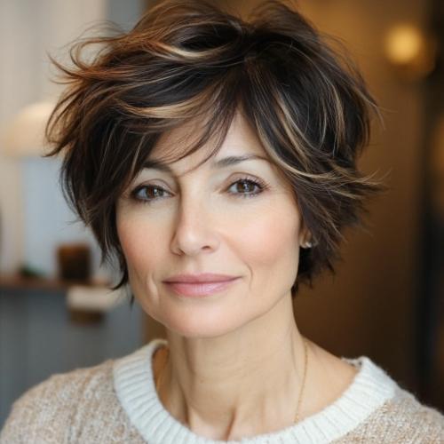 older woman with layered short cut and side-swept bangs