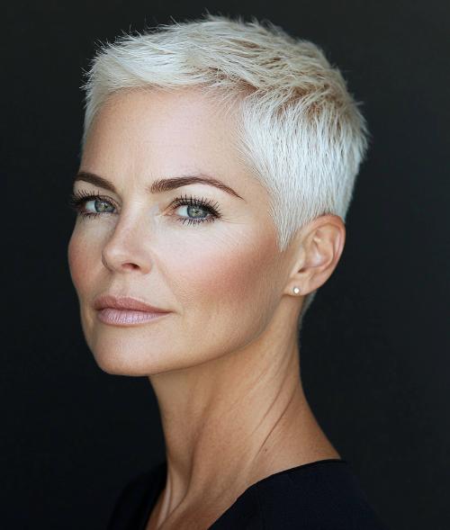 short haircut older woman with platinum blonde buzz cut