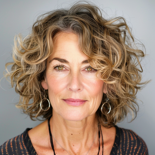 Beach curly bob woman over 50