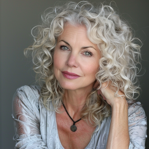 Silver curly hairstyle over 50