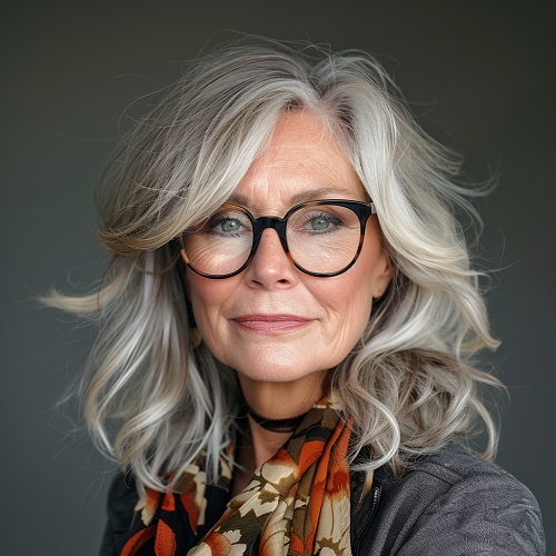 Silver Wavy Hairstyle Women Over 60 with Glasses