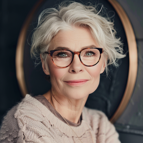 White Blonde Pixie Women Over 60 with Glasses