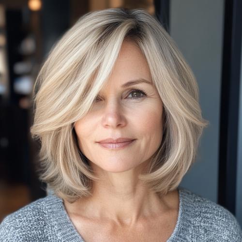 Layered Bob hairstyle for woman over 40 with fine hair