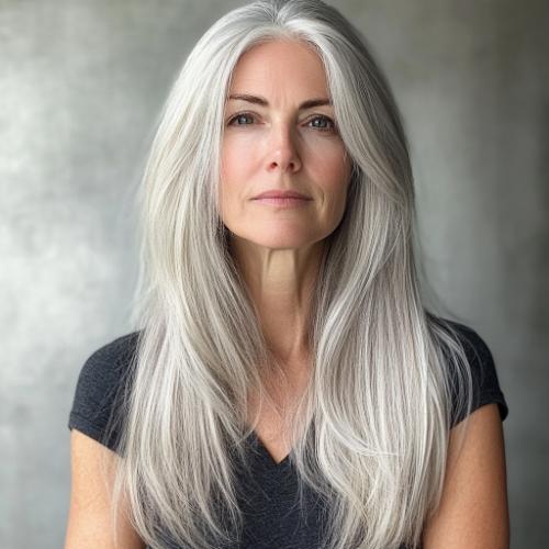 long gray hair over 50 with straight texture