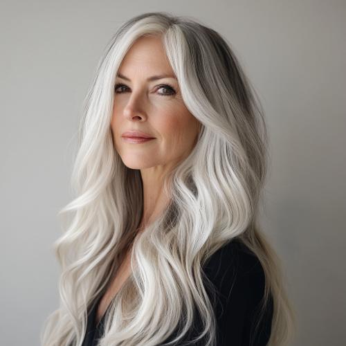 Long platinum ash waves hairstyle for women over 60