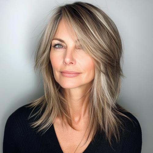 Side-Swept Bangs hairstyle for woman over 40 with fine hair