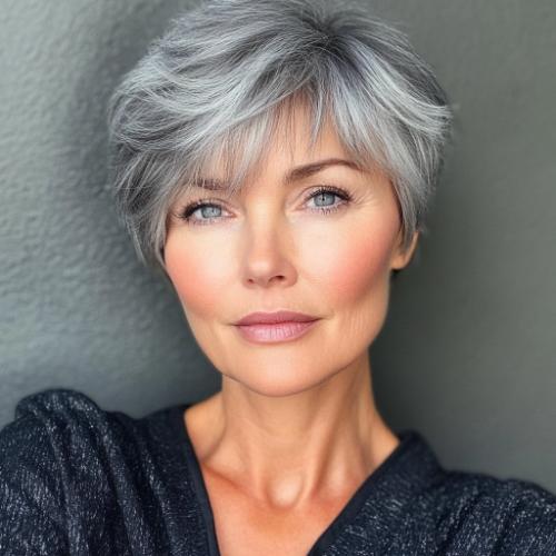 playful gray pixie hairstyle with bangs and fringe for women over 50