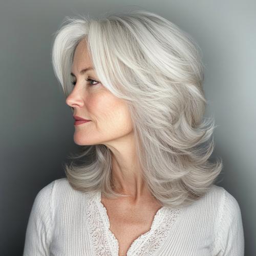 feathered silver gray layered haircut for women over 50