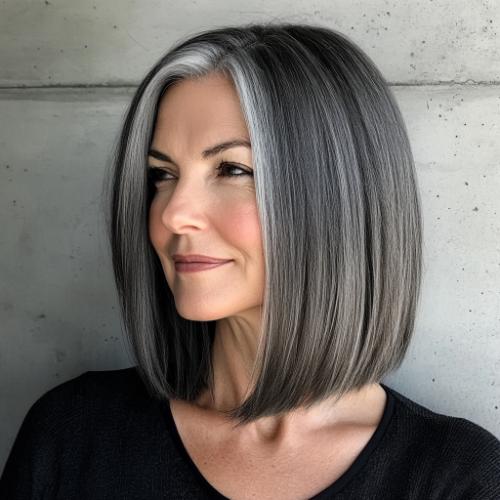 dark gray long bob haircut for older women over 50