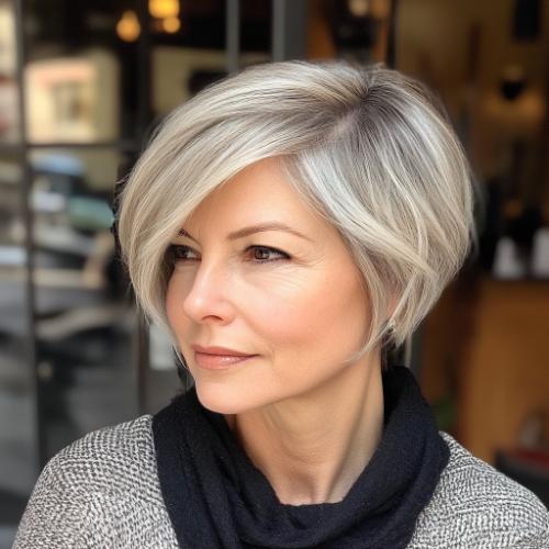 edgy gray silver pixie bob (bixie) haircut for women over 50