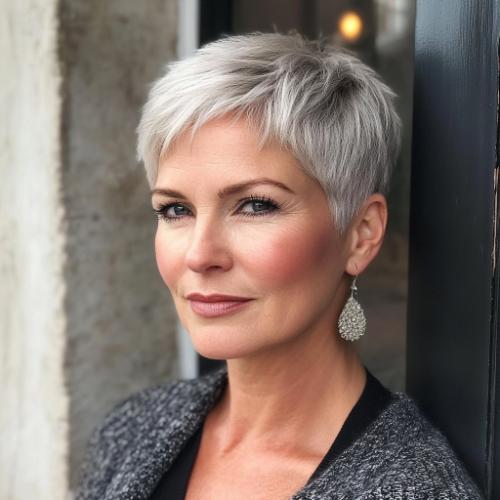 short silver gray pixie haircut for older women over 50