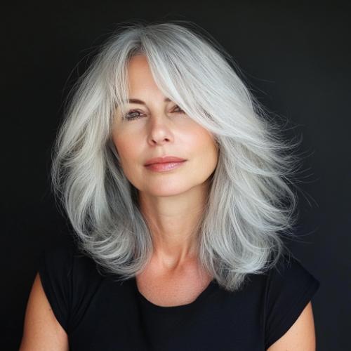 shoulder-length gray silver hair for women over 50