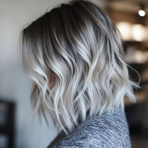 gray long bob with balayage and textured layered cut