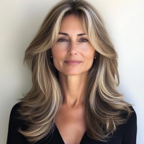 Long highlighted feathered layers for women over 60