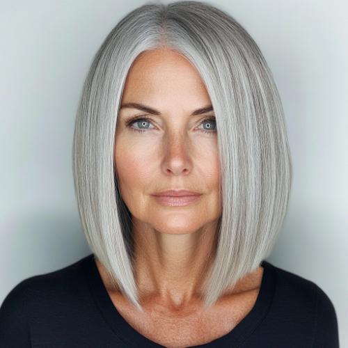 sleek gray straight bob haircut for women over 50