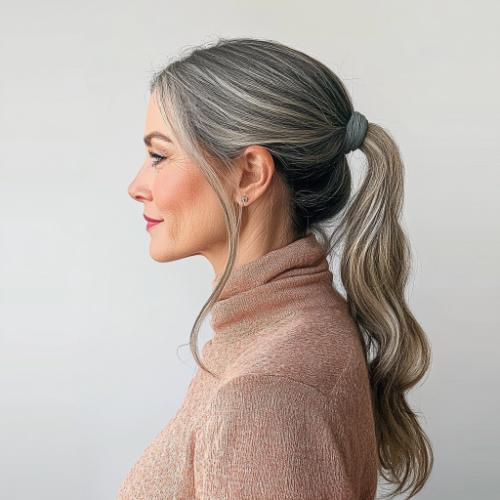 sleek high ponytail woman over 50 older