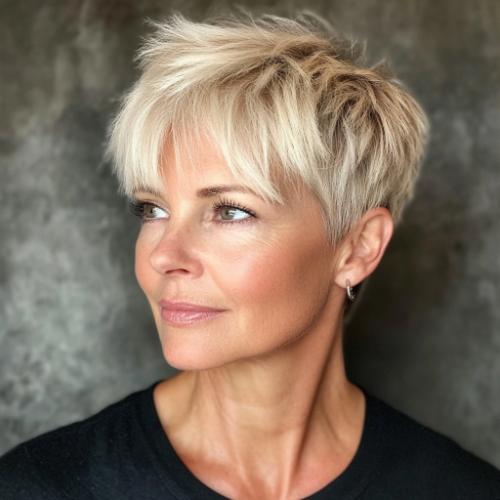 Textured Pixie with Bangs wash-and-wear hairstyle for women over 60