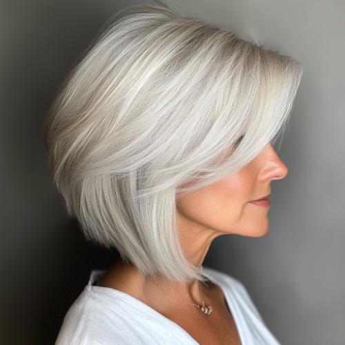 light gray silver bob layered hairstyle for women over 50