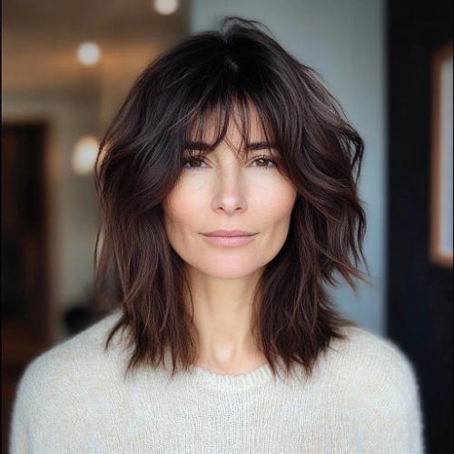 Textured Lob with Bangs haircut for woman over 40 with fine hair