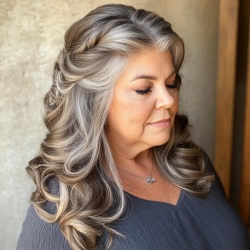 Half-up half-down hairstyle for older women over 60