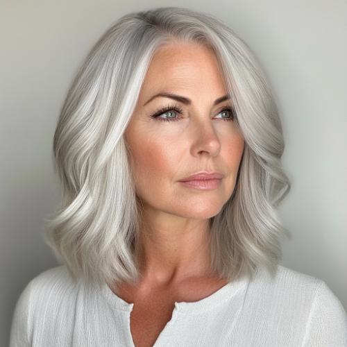 frosted silver icy gray long bob hairstyle for women over 50