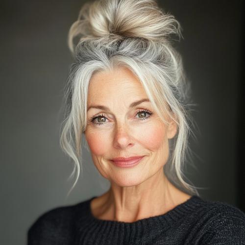 Messy top bun for older women over 60