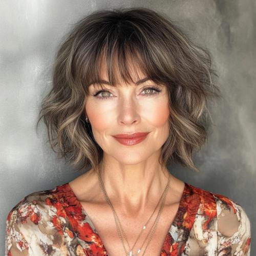 Soft Wavy Bob with Bangs wash-and-wear hairstyle for women over 60