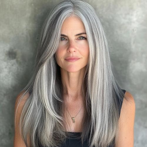 long gray layered hair for women over 50 with lowlights