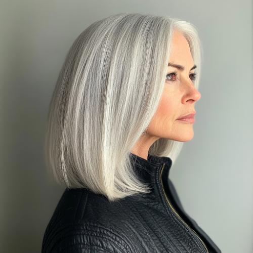 classic gray long bob (side view) for older women