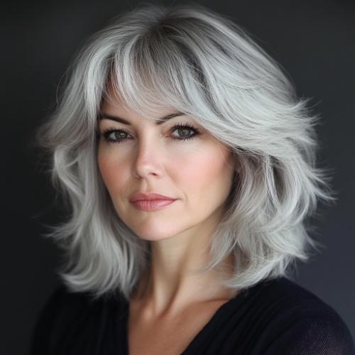 silver gray medium cut over 50 with side bangs