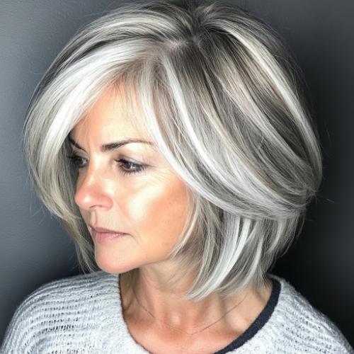 gray stacked bob hairstyle for older women over 50