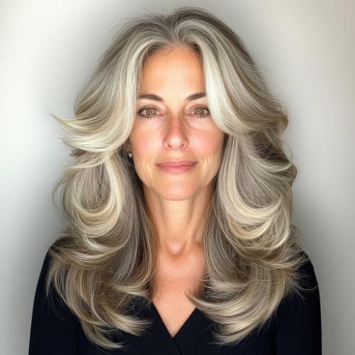 Feathered long layers hairstyle for women over 60