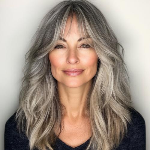 face-framing layered bangs gray hair for women over 50