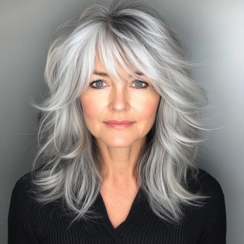 modern gray shaggy haircut for women over 50