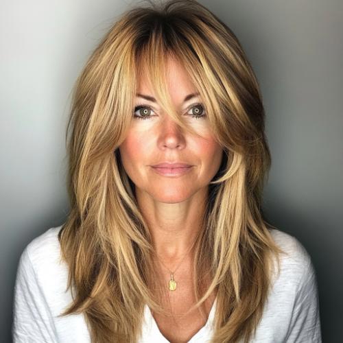 Layered Cut with Curtain Bangs hairstyle for woman over 40 with fine hair