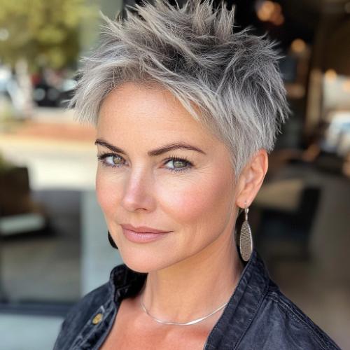 spiky gray pixie hairstyle for women over 50