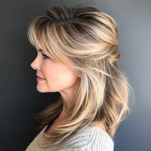 Voluminous Half-Up Style hairstyle for woman over 40 with fine hair