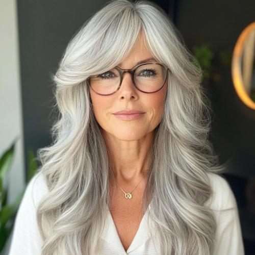 long gray hairstyle for women over 50 with bangs