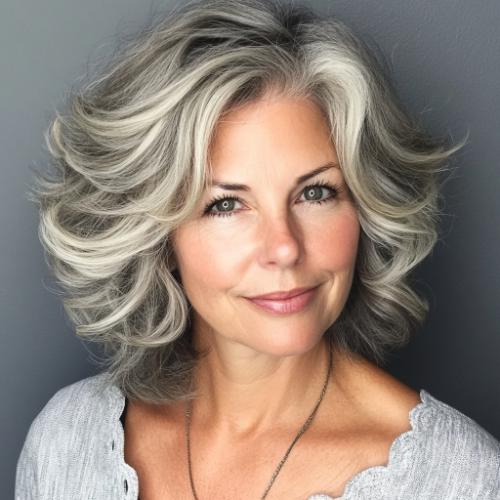 textured wavy gray hairstyle over 50