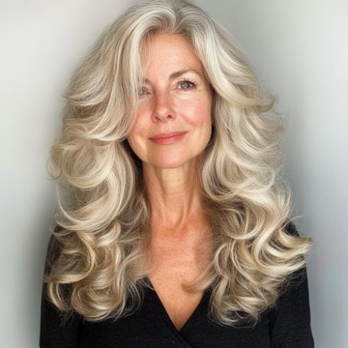 Long wavy curls with side part for women over 60