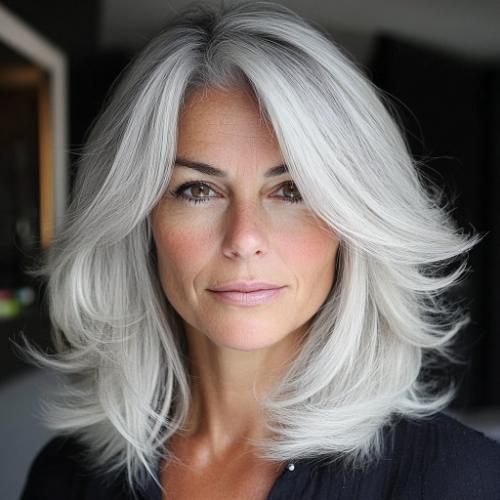 stylish gray silver layered haircut for older women