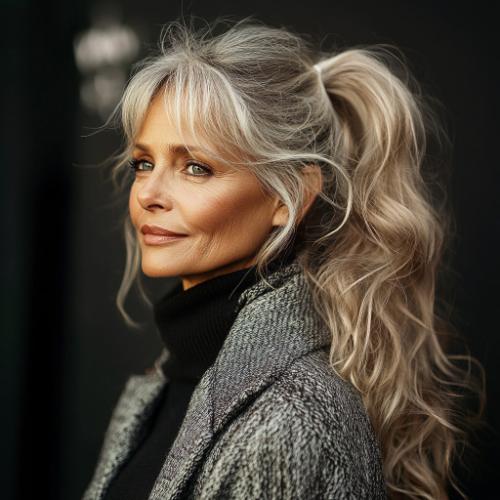 big curly gray ponytail over 50