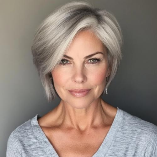 super short gray bob with side bangs for women over 50