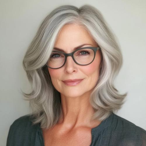 medium length gray hairstyle over 50 with side part