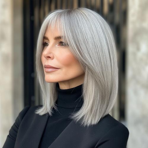 shoulder length gray bob with fringe for women over 50