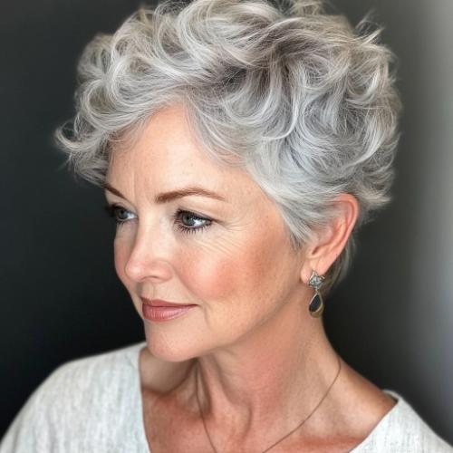 short gray ringlets hairstyle over 50