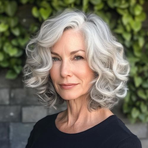 gray long bob for older women with thin hair