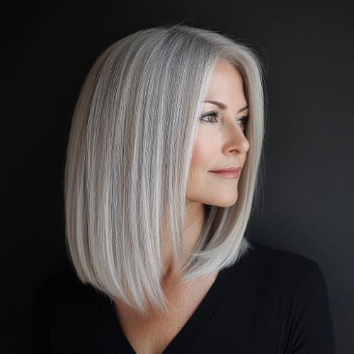 silver gray long bob haircut over 50